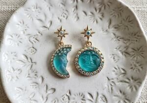 Moon Sun Star Earrings Face Mismatch Gold Deco Celestial Glass CZ Asymmetric